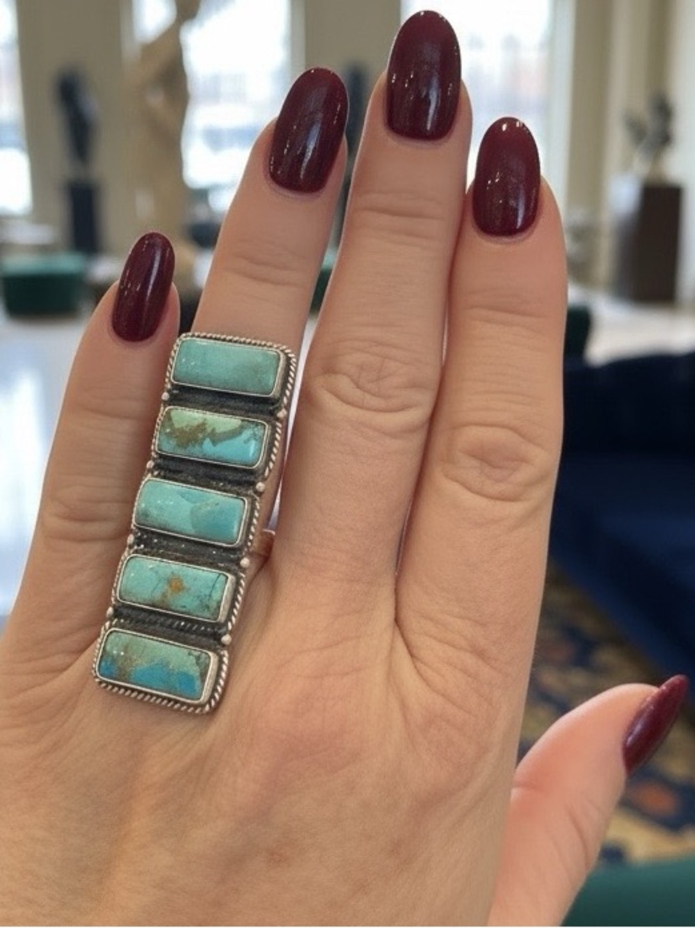 Genuine, Kingman Turquoise Rectangular stunning statement ring. Sterling silver. - Picture 3 of 8